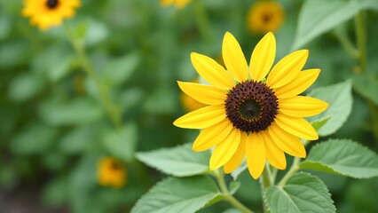 Obraz premium Vibrant Sunflower with Bright Yellow Petals Against a Softly Blurred Green Background Exuding Nature's Beauty and Warmth in a Sunny Garden Setting