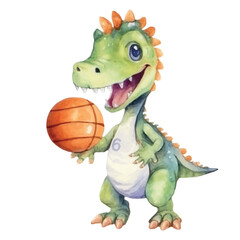 dinosaur playing basketball cute watercolors illustration on white background