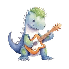 dinosaur playing guitar cute watercolors illustration on white background