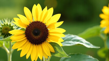Obraz premium Vibrant Sunflower with Bright Yellow Petals Against a Softly Blurred Green Background Exuding Nature's Beauty and Warmth in a Sunny Garden Setting