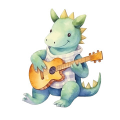 dinosaur playing guitar cute watercolors illustration on white background