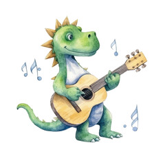 dinosaur playing guitar cute watercolors illustration on white background