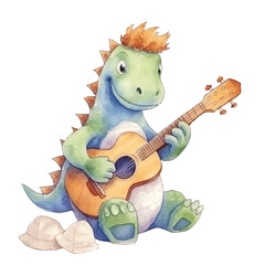 Obraz premium dinosaur playing guitar cute watercolors illustration on white background