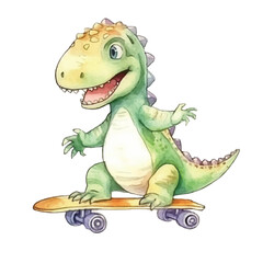 dinosaur playing skateboard cute watercolors illustration on white background
