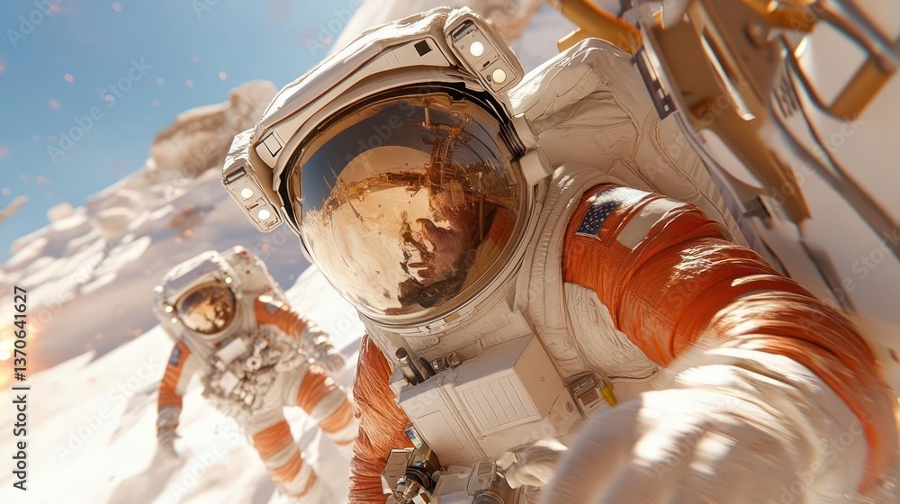 Aufkleber two individuals in pixelated space suits amidst a snowy or rocky landscape experiencing a dynamic mo