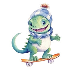 dinosaur playing skateboard cute watercolors illustration on white background