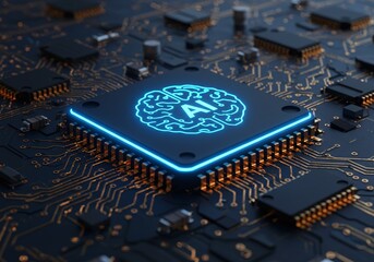 AI Chip's Core: A close-up view of a glowing AI chip, the core of cutting-edge technology, intricate circuit board patterns symbolizing the complexities of the digital world.