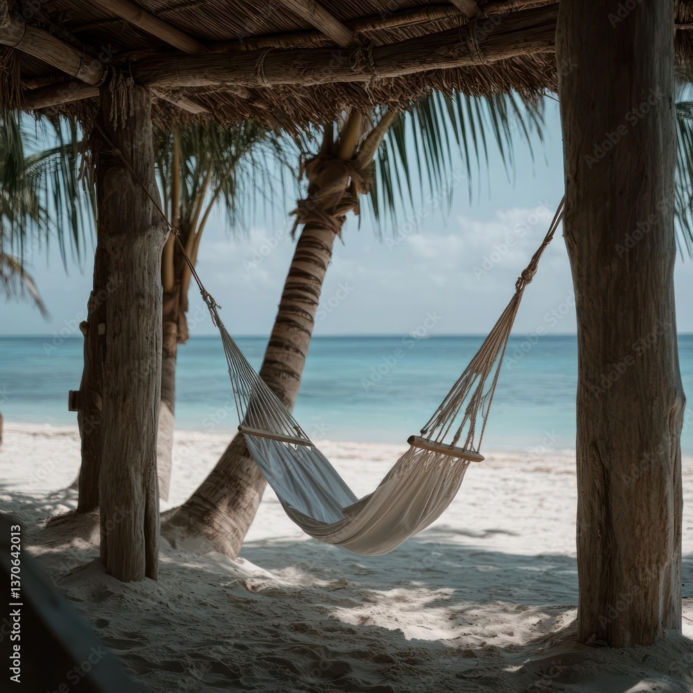Poster serene scene with a hammock suspended between wooden posts under a rustic canopy. trees frame the tu
