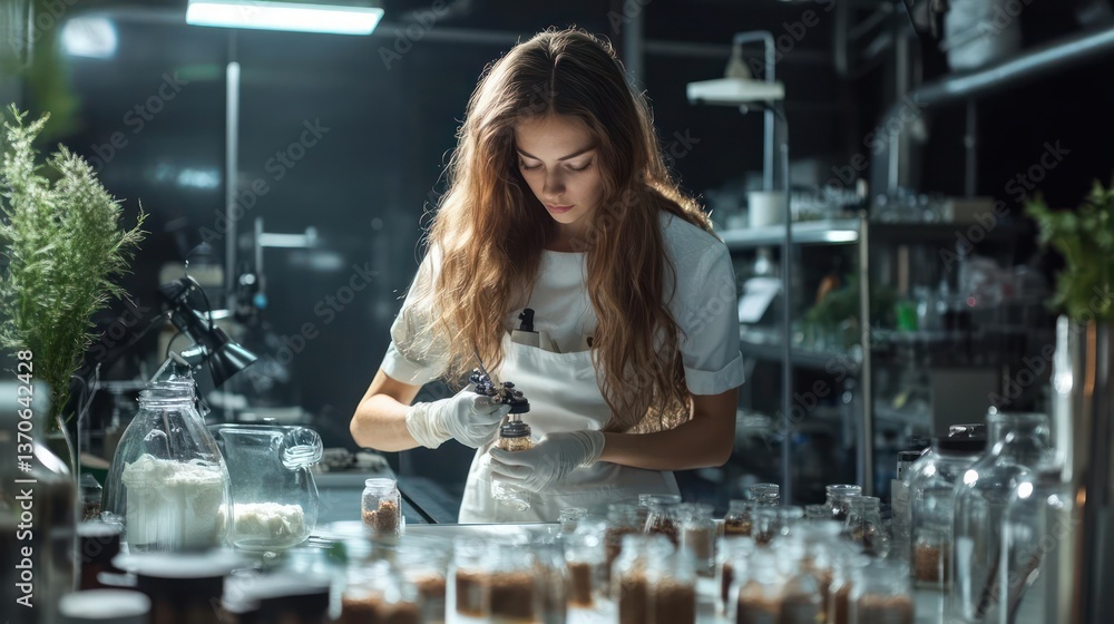 Poster young woman working in laboratory setting with glass bottles and plants preparing a mixture. she is 
