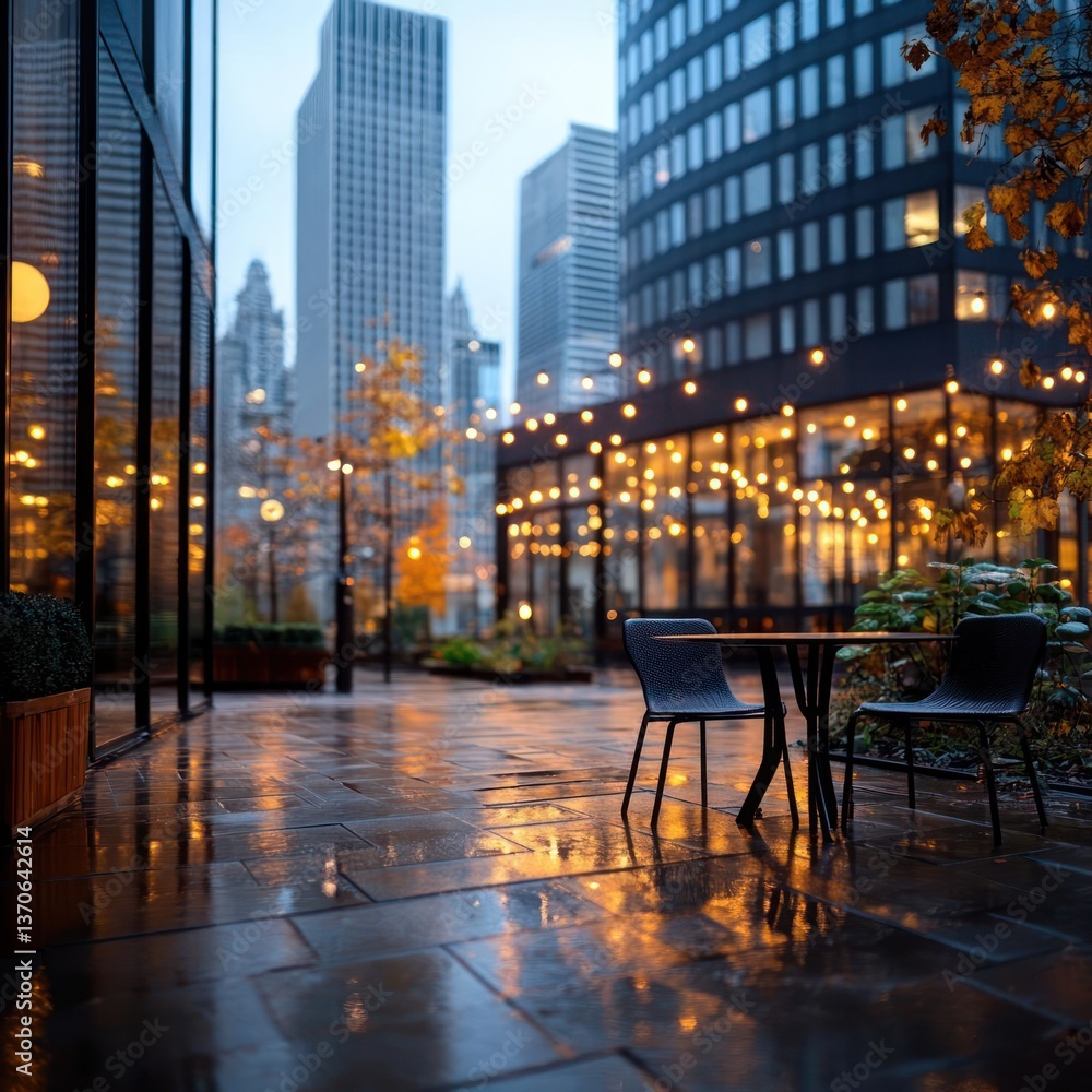 Aufkleber city patio scene with table and chairs amidst skyscrapers and string lights reflecting on wet paveme