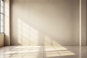 Minimalist empty interior with sunlight casting shadows on beige walls.