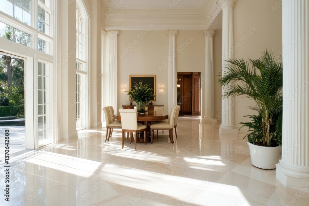 Fototapete Spacious interior with a dining set elegant columns and large windows. Sunlight streams through the glass illuminating the marble floors and potted plant. The room exudes luxury and sophistication