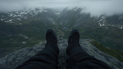 Mountaintop Perspective.  Feet perched on a jagged peak, overlooking a valley shrouded in mist and cloud.  Vast mountain range stretches out in all directions