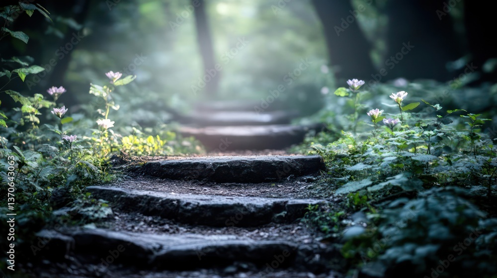Aufkleber Stone steps path through lush green forest with dappled sunlight illuminating the way and wild flowers growing beside the path