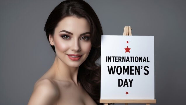 Portrait of a young woman smiling while holding a sign for an international celebration of women's rights against a gray background