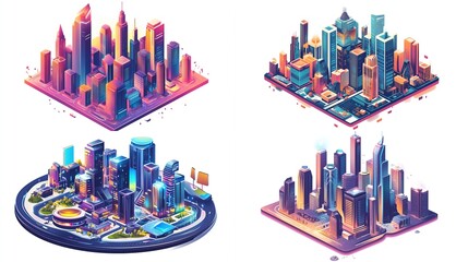 Four isometric cityscapes showcasing diverse urban designs.