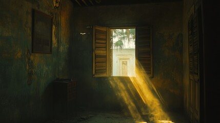 Obraz premium A sunlit interior room reveals a window with exterior buildings