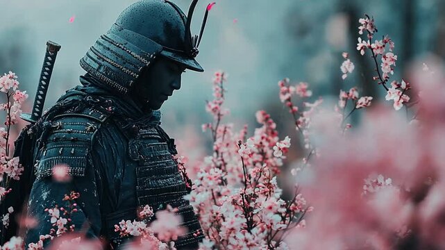 Samurai warrior in cherry blossom garden; serene contemplation; possible use for historical, artistic, or spiritual stock photo
