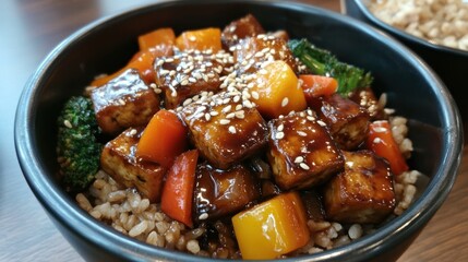 Delicious bowl of teriyaki tofu stir-fry with vibrant vegetables and sesame seeds