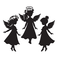Cute Angel Girl Silhouettes Vector Illustration Decorative Winged Figures