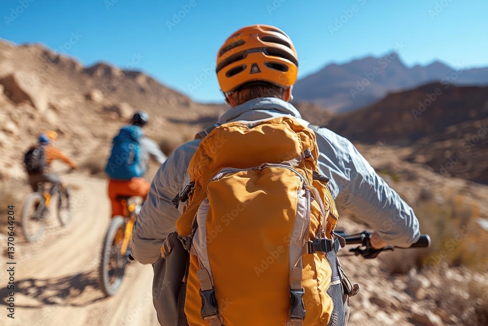 Aufkleber group of cyclists riding bikes on a dirt trail through a desert landscape on a sunny day. focus on t