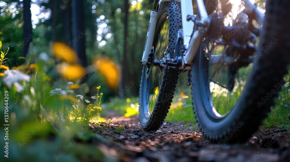 Poster close up view of mountain bikes with tires on a forest trail with sun flare and blur background