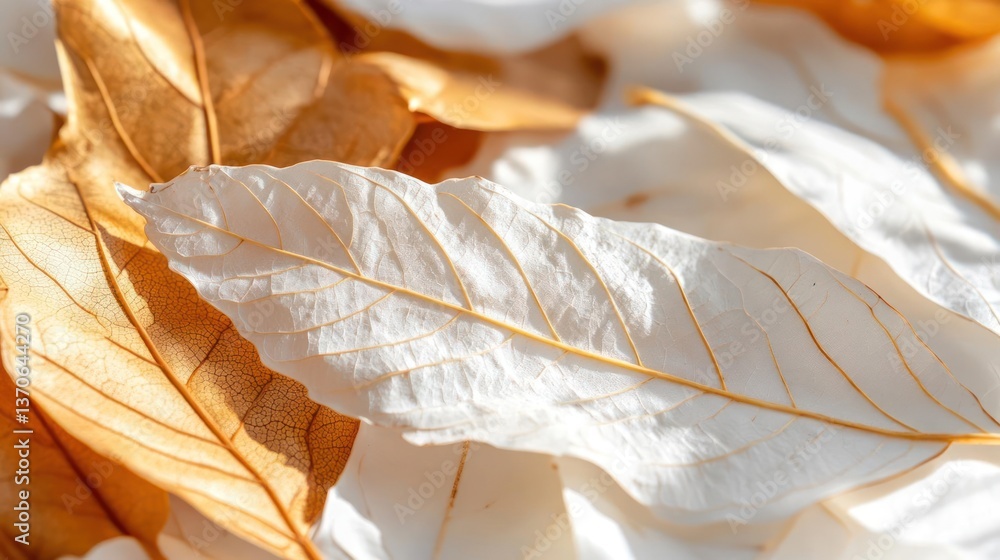 Poster close up of layered fallen leaves in various colors with visible texture and veins and natural light
