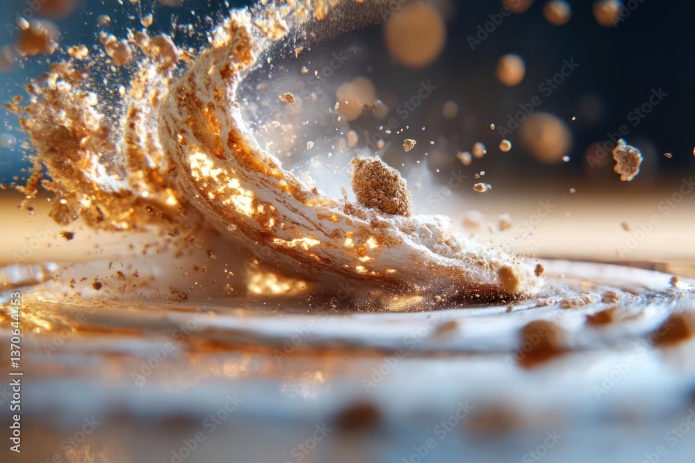 Aufkleber Macro close-up of a brown and white creamy substance splashing on a reflective surface. The texture reveals fine granules and a wave-like shape with glowing specks. Soft focus and blurred background