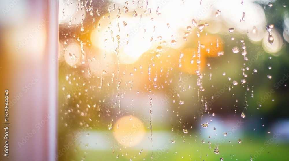 Poster raindrops adorn a window with a softly blurry background view