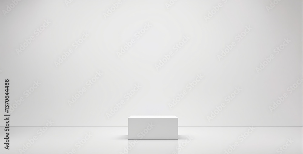 Poster white cube pedestal on glossy floor with soft shadows, minimalistic clean style, neutral background.