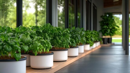 Row of potted green plants in white pots arranged on a ledge with a blurred outdoor background. The plants exhibit lush foliage contrasting with the neutral tones of the surrounding architecture
