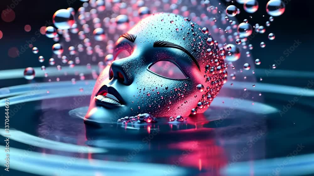 Aufkleber metallic face mask submerged in rippling water with floating bubbles