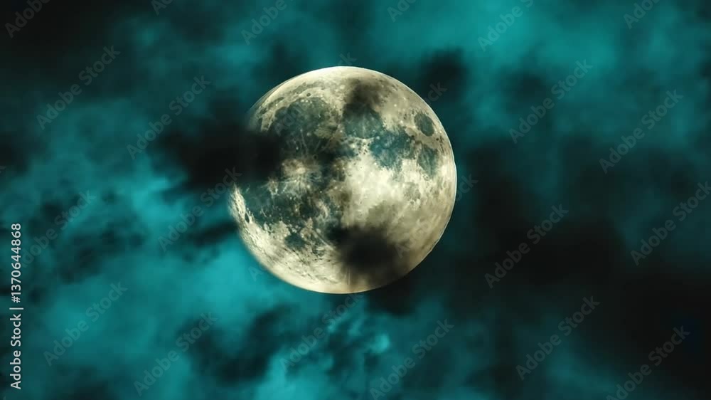 Poster enigmatic full moon radiating light in mystical sky surrounded by ethereal clouds and soft glows, cr
