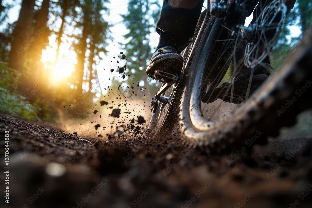 Poster Close up of bicycle tire with dirt and water splashing with a blurred background of sunlight and forest
