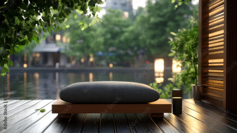 Poster tranquil waterside view featuring a dark cushion on a wooden platform framed by leafy branches and s