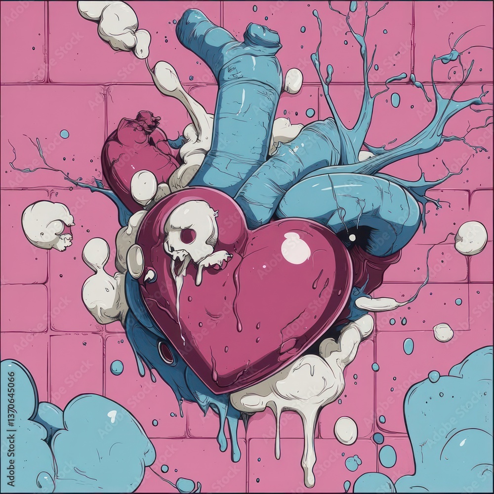 Poster illustration of a stylized pink heart with a skull element and blue anatomical features against a pi