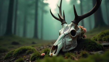 Obraz premium Discover Intriguing Deer Skull Surrounded by Moss and Flowers in Enchanted Forest