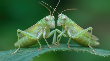 Close-Up of Two Green Grasshoppers on Leaf Facing Each Other