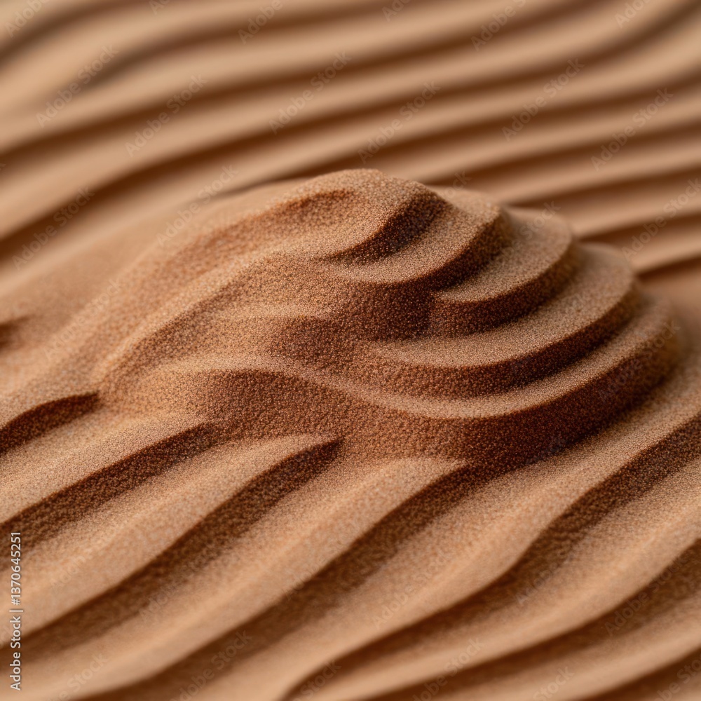 Poster close up view of rippled sand dunes with a central mound in warm brown tones evoking texture and pat