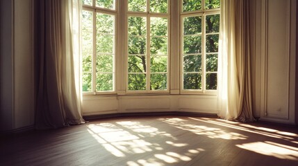 Light streams into a room through large bay windows