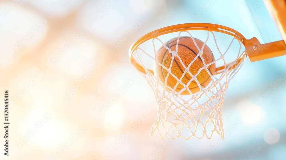 Poster basketball soaring towards a weathered hoop against a backdrop of warm sunset hues, capturing dynami