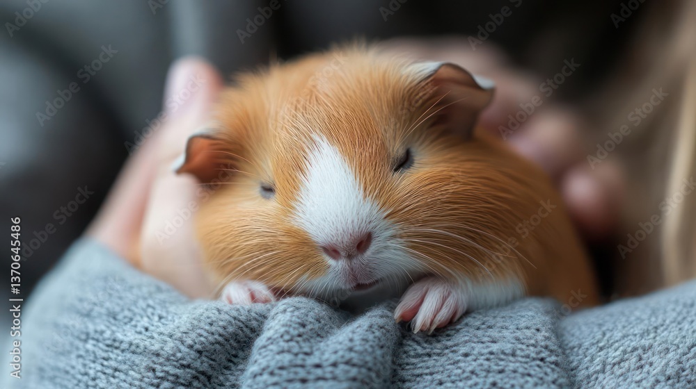 Poster Close up view of guinea pig held gently in hands with blurred background, showing fur color and details of the animal