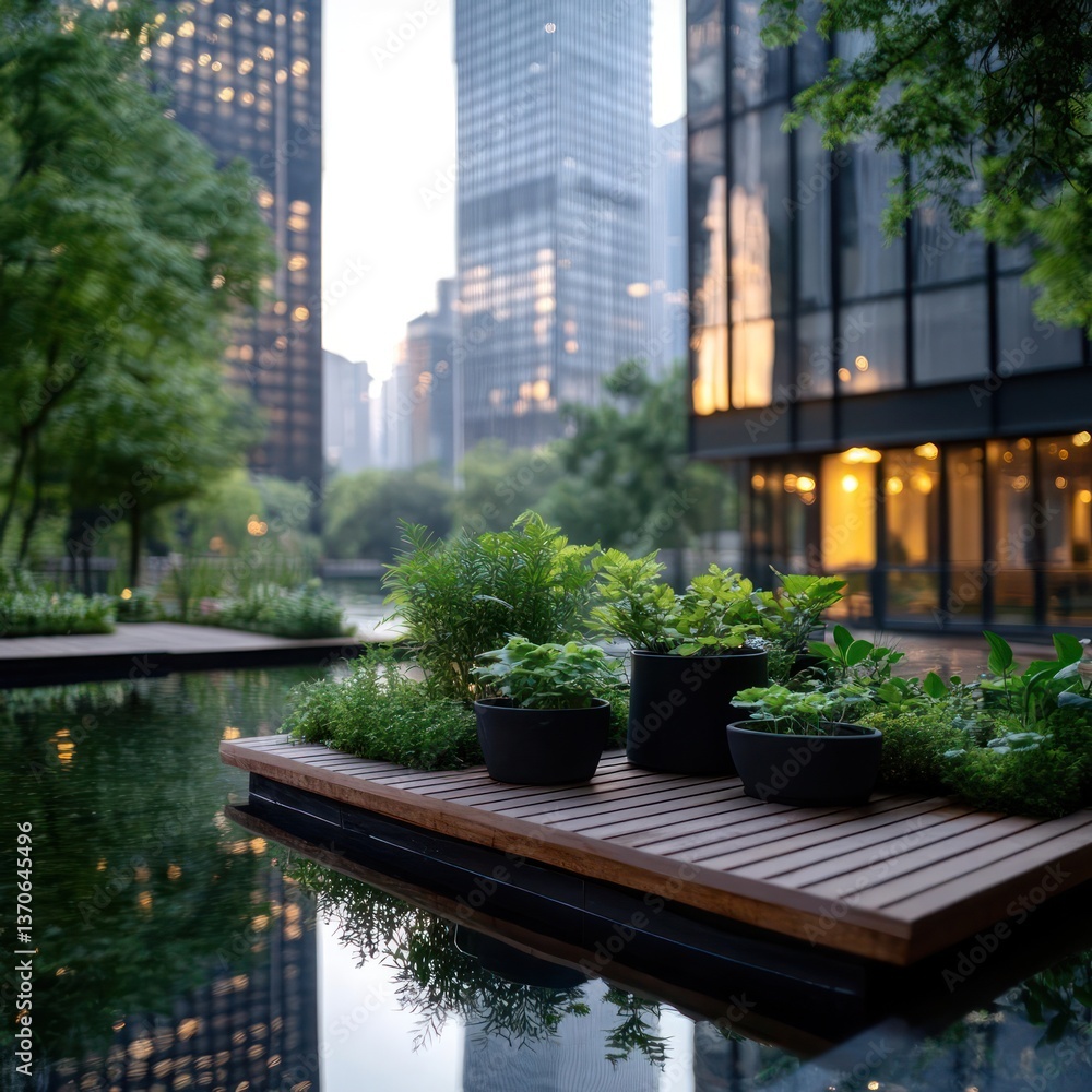 Fototapete Serene urban oasis featuring a reflecting pool with floating planters and lush greenery in front of a modern office building. Natural light and soft reflections add to the calm atmosphere