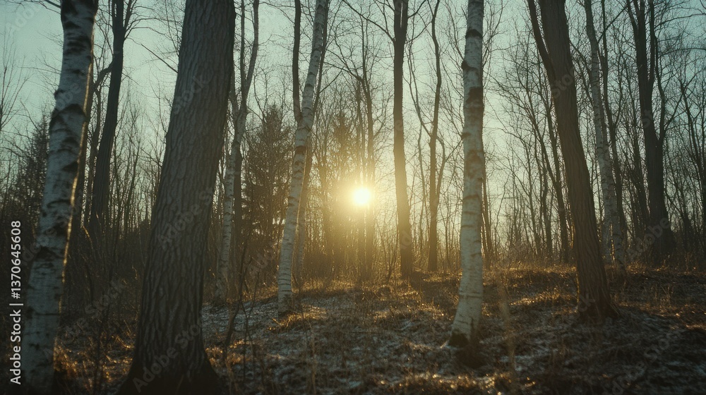 Poster sunlight shining brightly through numerous bare trees in a forest