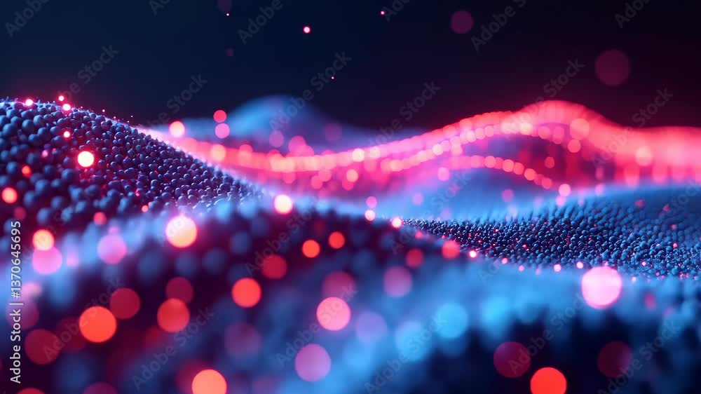 Poster pink and blue glowing particles flow like waves in a dark space.