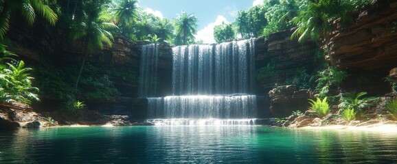 Cascading waterfall through tropical plants, forming pools of turquoise water on a bright, sunny day