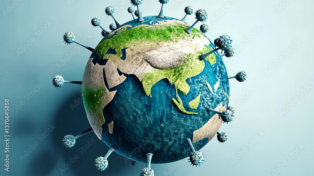Poster 3d illustration of earth as virus symbolic representation of global health challenges with continent