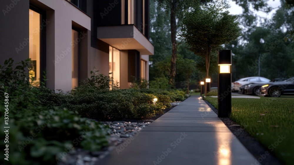 Aufkleber exterior view of a modern residential building at dusk with illuminated pathway manicured greenery a
