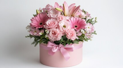 Delicate pink floral arrangement in a round box