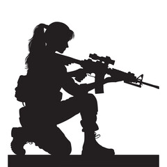 Silhouette of a determined female soldier aiming her assault rifle